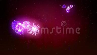 美丽的紫色烟花与激光表演冬季夜空在除夕夜。 节日里放着浓郁的紫罗兰烟火